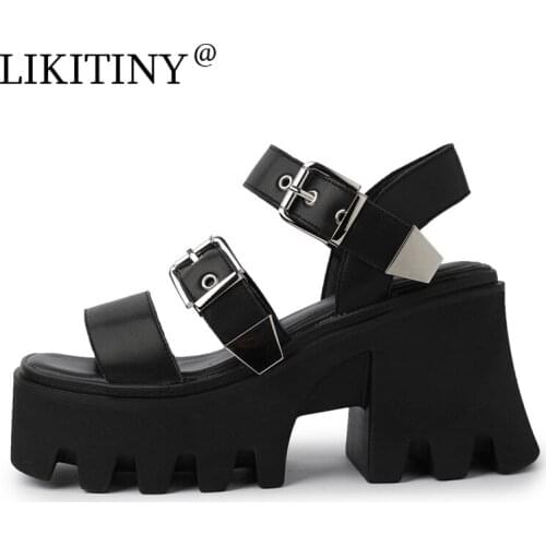 LIKITINY 2021 Summer Fashion New Genuine leather White Black Buckle strap platform Womens shoes Leisure Square Head Sandals new