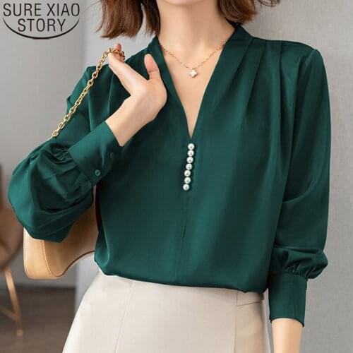 Women Shirts Satin Blouse New Autumn Korean Fashion Long-sleeve Tops Solid Temperament Beading Elegant V-neck Chic Blouses 16500