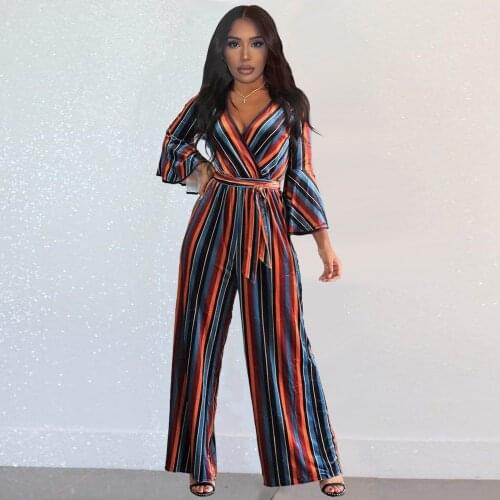 Striped Printed Rompers Womens Jumpsuit 2021 Deep V Neck Long Flare Sleeve Straight Overall Elegance Empire Wide Leg Catsuits