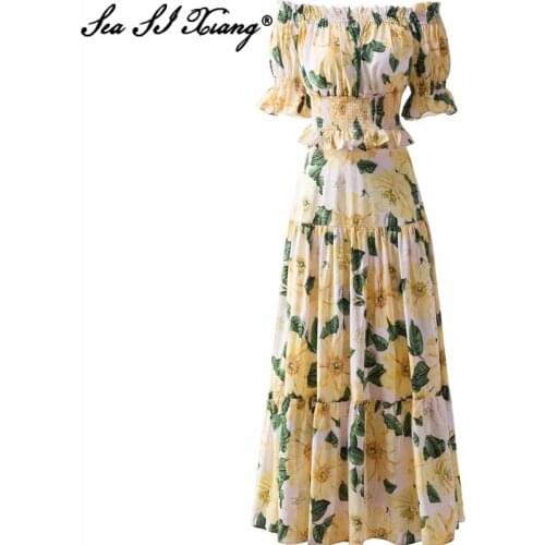 Seasixiang Fashion Designer Summer Suit Women Slash neck Puff Sleeve Short Tops + Maxi Skirt Floral Print Two Piece Set