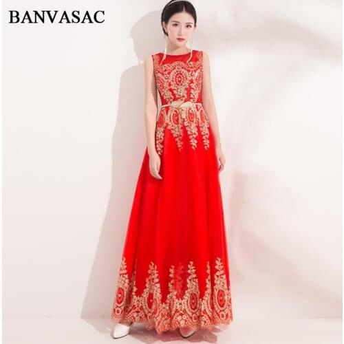 BANVASAC 2018 Crystal O Neck Sequined Leaf Sash A Line Long Evening Dresses Vintage Lace Embroidery Party Prom Gowns