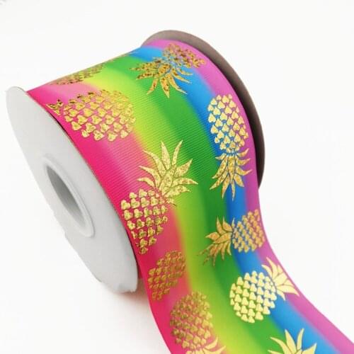 75mm 3inch gold laser foil pineapple on heat transfer Grosgrain Ribbon 50