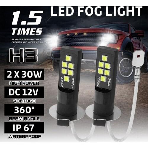 2PCS H3 LED Bulb 3030 SMD 6000K White Car Fog Light High Bright DRL Driving Lamp Led Fog Light Bulb 12 SMD 3030 Chips For Car