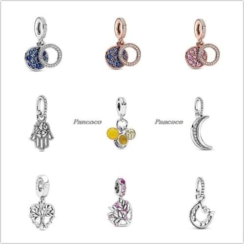 925 Sterling Silver Pink Heart Family Tree Dangle Charm Bead Fit Women Pandora Bracelet & Necklace Jewelry