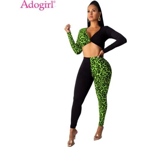 Adogirl Leopard Print Patchwork Women Two Piece Set V Neck Long Sleeve Crop Top Pencil Pants Sexy Night Club Suit Tracksuit