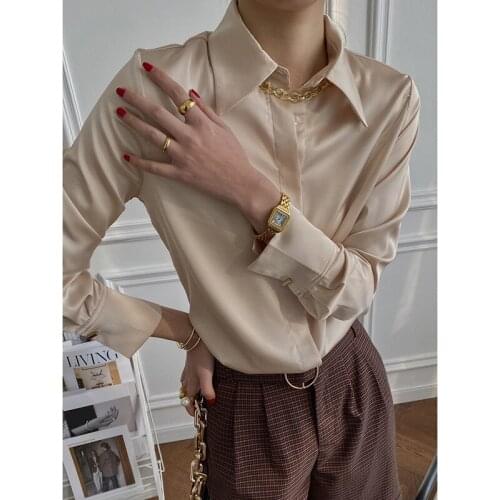 Satin Chiffon Sinan shirt womens 2021 spring and autumn design minority light mature solid color drape top sn0214