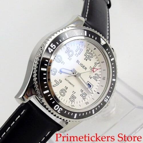 White dial 44mm date black rotating bezel automatic movement men wristwatch luminous leather strap