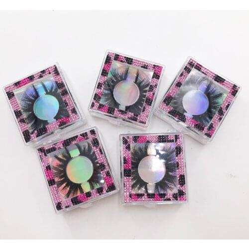 Dramatic lashes package pink rhinestones box 25mm 3D mink lashes box custom private logo eyelashes packing