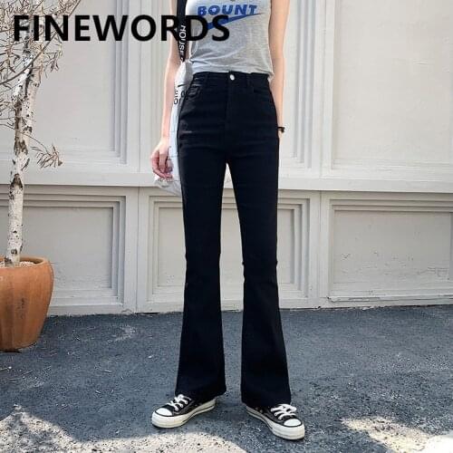 FINEWORDS Korean Black High Waist Flare Jeans Full Length Skinny Stretch Bell Bottom Jeans Slim Casual Vintage Boot Cut Jeans