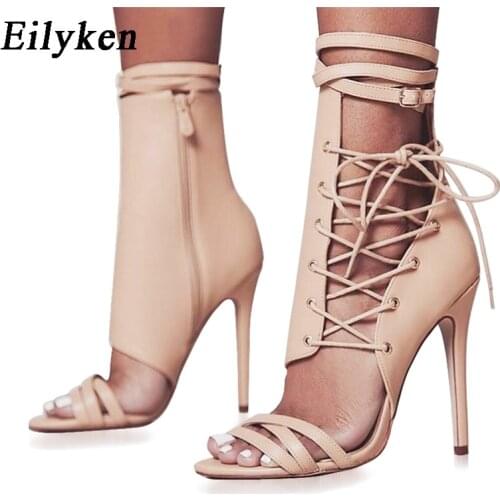 Eilyken Summer Design Hollow Out Cross-Tied Lace Up Sandals Boots Sexy Peep Toe Zip Ankle Buckle Strap Stiletto Heels Shoes