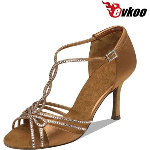 Evkoodance US4-12 Satin With Strass Black Brown Khaki Color Latin Dance Shoes For Ladies Heel 8.3cm Evkoo-017