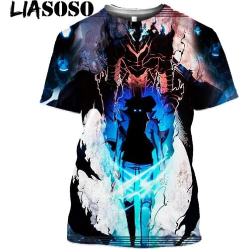 LIASOSO 3D Printed Manga Solo Leveling Mens T-shirt Sung Jin-Woo T shirt Women Summer Short Sleeve Harajuku Shirt Manhwa Hunter