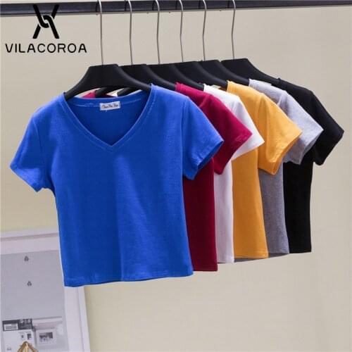 Summer V-Neck Short Sleeve Basic Crop Tops Womens Clothes 2021 Solid Color Cotton Simple T-Shirts Femme Bodycon Casual T-Tops