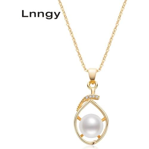 Lnngy 14K Gold Filled Chain Necklace 8.5-9mm Natural Cultured Freshwater Pearl Pendant Necklace Women Party Jewelry Gifts