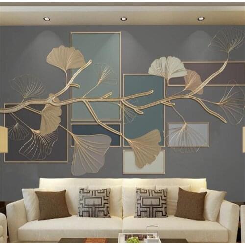 Milofi custom wallpaper photo background wall new Chinese style ginkgo leaf geometric golden embossed line background wall