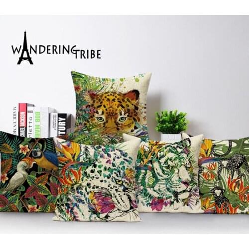 Cartoon Animal Cushion Cover Tiger Living Room Cushions Vintage Decorative Pillowcase Shabby Chic Flax Pillow Cover 45*45 Kissen