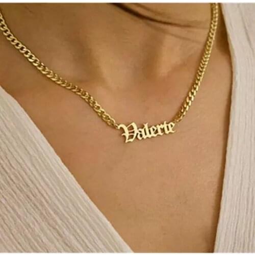 AurolaCo Custom Old English Name Necklace Cuban Chain Custom Name Necklace Stainless Steel Gold Necklace For Women Men Gift
