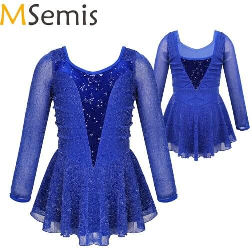 MSemis Girls Ice Skate Figure Skating Dress Kids Shiny Silver See Throug Velvet Ballet Rhythmic Gymnastics Leotard Dance Costume