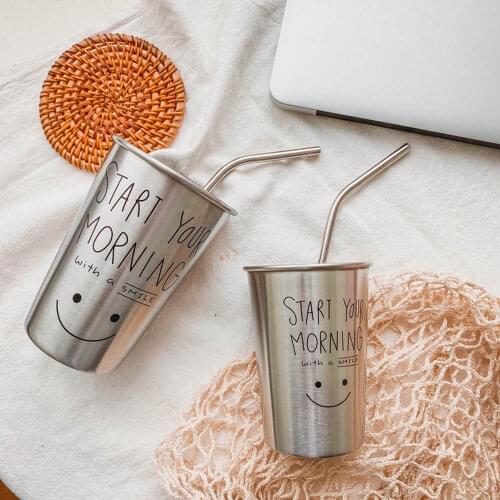Simple And Cute Smiling Face Stainless Steel Water Cup Retro Industrial Style Cup Home Office Cold Drink Juice Coffee Cup