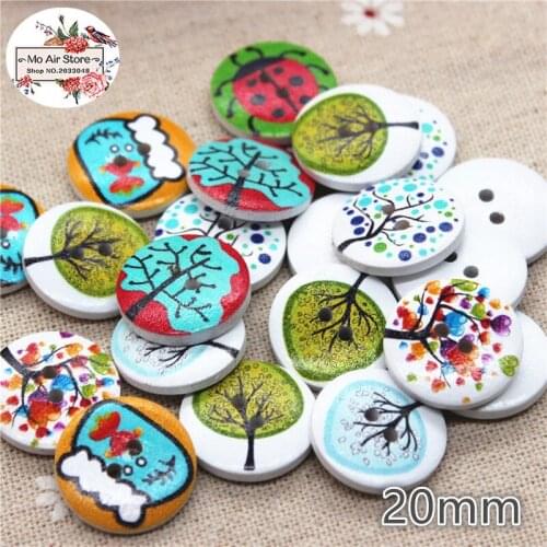 50pcs Mixed Color life tree Wooden round Decorative Button 2 Holes 20mm Fit DIY Scrapbooking Products