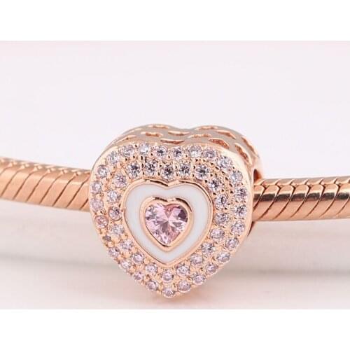 Authentic S925 Silver Rose Hearts On Hearts With Crystal Bead Charm fit Lady Bracelet Bangle DIY Jewelry