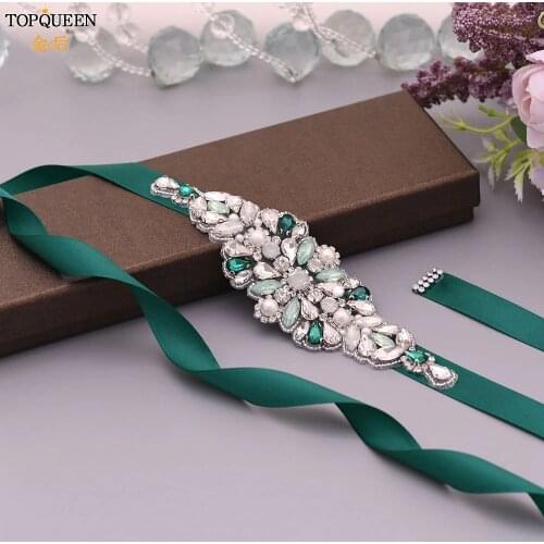 TOPQUEEN Luxury Green Rhinestone Bridal Belt Beaded Belts for Formal Dresses Custom Bridal Belt Diamond Decorative Belt S443
