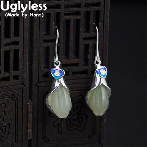 Uglyless Elegant Magnolia Floral Earrings for Women Enamel RUYI 925 Silver Ethnic Brincos Vintage Natural Jade Gemstones Jewelry