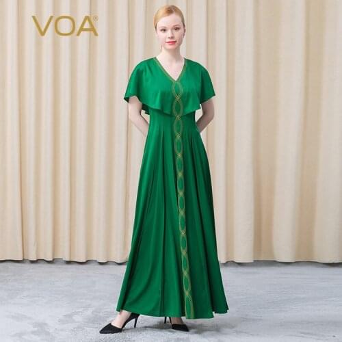 VOA Twill Elastic Mulberry Silk V-neck Spiral Open Thread Arch Needle Decorated Lotus Leaf Sleeve Pleated Dress AE758