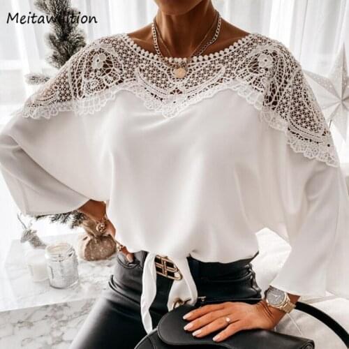 2021 Women Lace White Blouse Shirt Casual O-Neck Crochet Floral Long Sleeve Shirts Sexy Loose Office Embroidery Tops