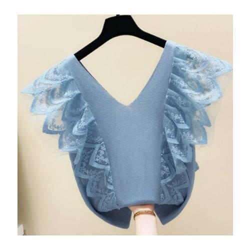 Knitted T Shirt for Women 2020 Summer New Small Flying Sleeve Lace Stitching Ruffles V-neck Knitted Vest Slim Tight Top Tshirt
