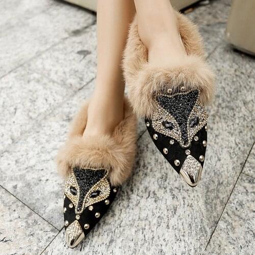OLOMLB Womens Pointy Metal Toe Fur Rhinestones Crystal Fox Decor Warm Winter Loafers Slip On Flats Shoes zapatos de mujer 2020