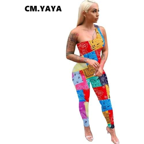 CM.YAYA Women Jumpsuit Bandanna Paisley Print One Shoulder Sleeveless Skew Collar Elastic Pencil Jumpsuits Sexy Fashion Outfits