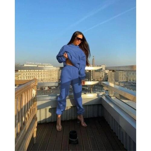 2021 autumn winter new hot sale womens European American fashion hooded pockets solid color sports leisure loose two-piece suit