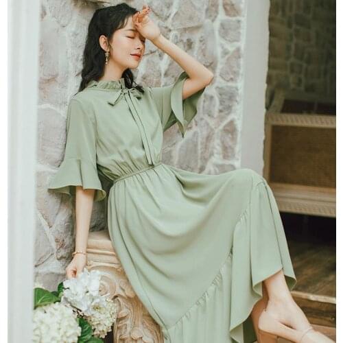Summer Vestido Femininity Long Dresses Slim Elegant Bowknot Ruffle Collar High Waist Flare Sleeve Spring Autumn Pure Fairy Dress