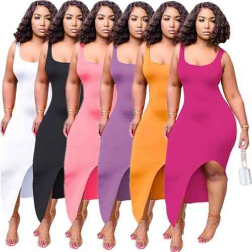 Women Bottom Split Sexy Long Dress Solid Color Tank Top Sleeveless Skinny Sundress Ladies Summer Elegant Casual Dresses 2020