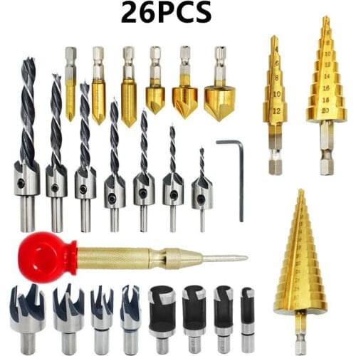 26PCS/SET Counterbore Drill Stepped Pagoda Drill With Hat Center Punch Titanium-plated Chamfering Tool Woodworking Hole Set