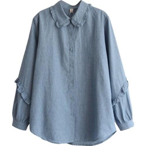 5670 Spring Women Blouse Japan Style Mori Girl Loose Casual Cotton Denim Shirt Ruffled Long Sleeve Single-breasted Solid Shirt