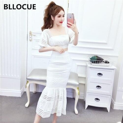 BLLOCUE Ladies 2 Piece Set Women Summer Elegant Square Collar Short Exposed Navel Top+High Waist Bow Lace-up Mermaid Skirt Suit