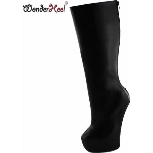 Wonderheel Knee High boot 8" heel matt leather Fetish Heelless strange style ponying heel back zipper Platform fashion boots