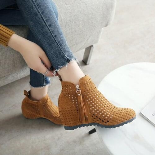Platform openwork Womens Ankle Boots Autumn Wedge Heels Short Boots brown Red Black Flock Ankle Boots For Women Party Shoes