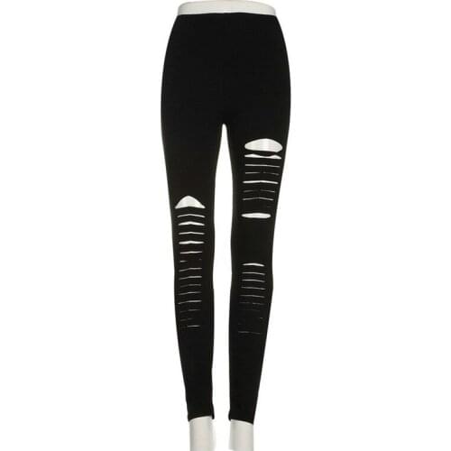 Fashion Women Pants Elastic Polyester Hollow Out Ripped Gothic Push Up Strap Bandage Slim Black Sexy Pants