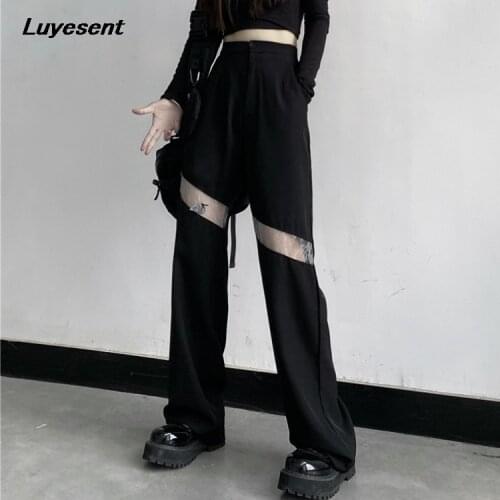 Black Gothic Cool Women Long Pants Lace Hollow Out Fashion Lady High Waist Harajuku Wide Leg Pant Street Casual Button Trousers
