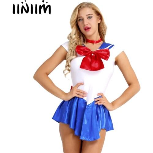 Women Girls Sailors Tsukino Kawaii Uniforms Sexy Schoolgirls Cosplay Bowknot Dress+Neck Ring Exotic Clubwear Costume Party Dress