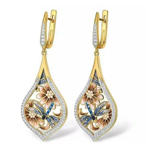 Milangirl Elegant Gold Color Flower Dragonfly Oil Dripping Inlaid Crystal Rhinestone ZirconClip Earrings for Party Jewelry