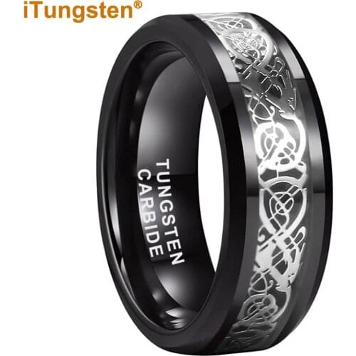 8MM Mens Tungsten Carbide Ring Wedding Band With Black Carbon Fiber Steel Dragon Inlay Comfort Fit