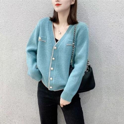 Sweater Cardigan Jacket Female Korean Loose Spring Autumn 2021 New V-neck Short knit Sweater Cardigan Women Elegant Jackets