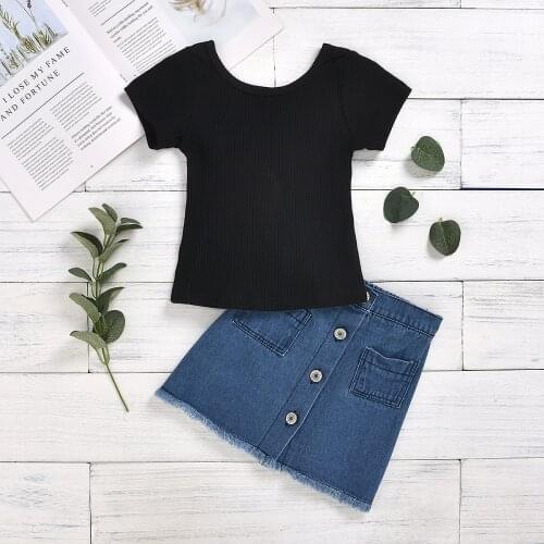 Classic Infant Kids Baby Girls Casual Black T-Shirt + Denim Jeans Skirt Children Summer Vacation Party Outfit Clothes