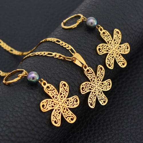 Anniyo Guam Flower Jewelry Set Pearl Vines Designs Necklace Earrings Sets Micronesia Marshallese Hawaii Kiribati #102721