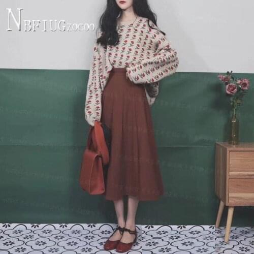 2020 Autumn Winter New Korean Retro Women Sets Flower Sweater And Skirt Female Sets