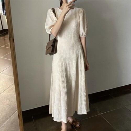 GOOHOJIO New 2020 Women Summer Dresses Casual High Waist Lantern Sleeve Fashionable Vintage Elegant Lace Up Long Dress One Size
